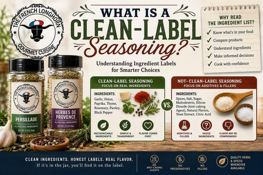 Clean-label seasoning infographic featuring ingredient transparency, real herbs and spices, recognizable ingredients, and a comparison between flavor-focused seasonings and products with unnecessary additives.