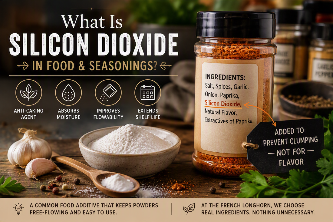 Seasoning jar ingredient label highlighting silicon dioxide as an anti-caking agent used to reduce clumping in spice blends
