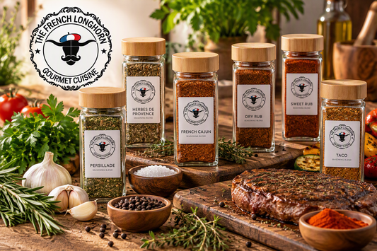 Premium French Longhorn seasoning blends in bamboo-lid glass jars alongside fresh herbs, spices, garlic, and grilled food, representing ingredient quality, flavor-focused recipes, transparency, and premium seasoning craftsmanship.