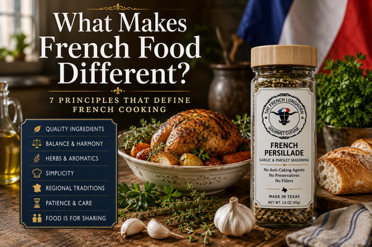 French-inspired kitchen scene featuring roasted chicken, fresh herbs, garlic, rustic bread, a French flag in the background, and a jar of The French Longhorn French Persillade seasoning illustrating the principles of French cooking.
