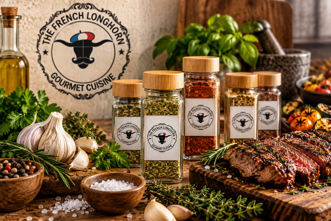Premium French Longhorn seasoning jars with bamboo lids displayed alongside fresh herbs, garlic, sea salt, and grilled steak, highlighting ingredient quality, freshness, and flavor-focused cooking.