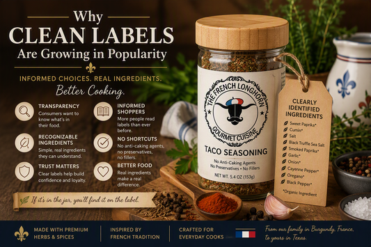 Why Clean Labels Are Growing in Popularity featuring The French Longhorn seasoning, ingredient transparency, clean-label seasonings, herbs, spices, and food labeling