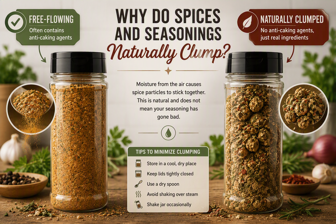 Natural herbs and spices absorb moisture over time. A little clumping is often a sign of real ingredients, not poor quality.