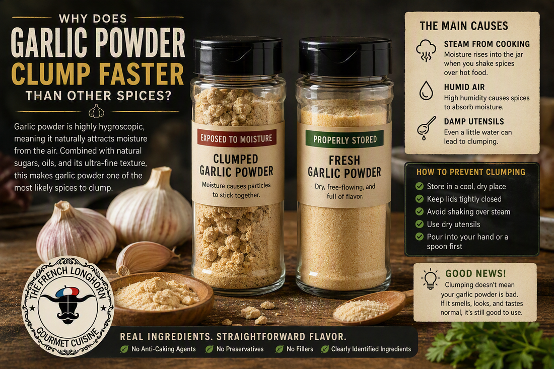 Comparison of clumped garlic powder and properly stored garlic powder, illustrating how moisture, humidity, and steam exposure cause garlic powder to harden more quickly than other spices.