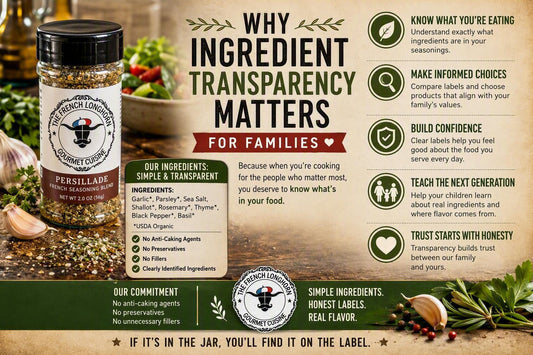 Educational infographic explaining why ingredient transparency matters for families, featuring clearly identified herbs, spices, seasoning labels, and The French Longhorn seasoning products.