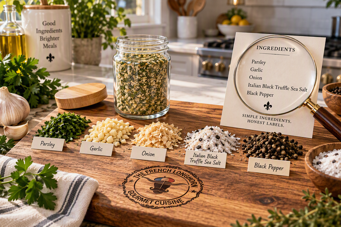 Seasoning blend displayed beside a clear ingredient list showing parsley, garlic, onion, Italian black truffle sea salt, and black pepper, illustrating ingredient transparency and honest labeling.