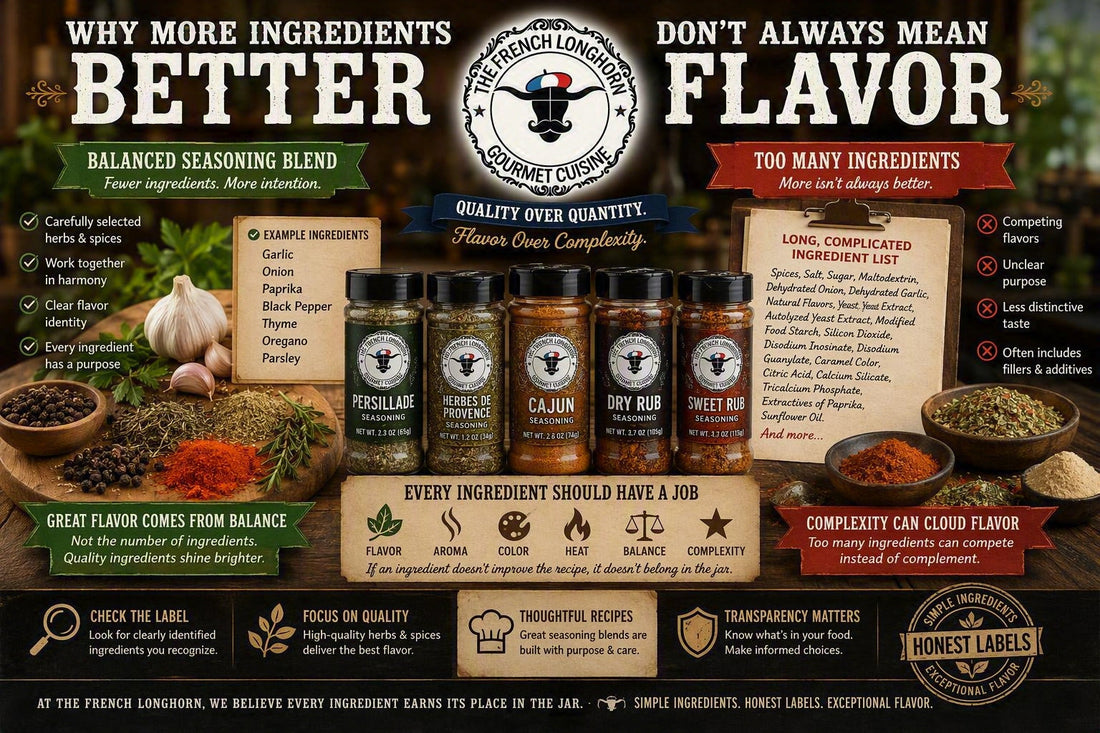 Infographic showing herbs, spices, seasoning blends, and ingredient transparency principles, demonstrating that quality ingredients, balance, and flavor matter more than the total number of ingredients in a seasoning blend