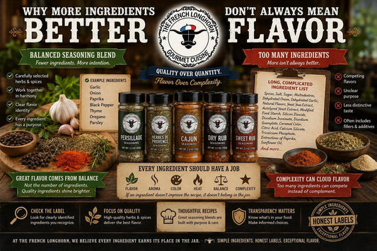 Infographic showing herbs, spices, seasoning blends, and ingredient transparency principles, demonstrating that quality ingredients, balance, and flavor matter more than the total number of ingredients in a seasoning blend