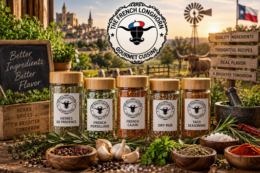 Premium French Longhorn seasoning blends made with carefully selected herbs and spices, surrounded by fresh rosemary, parsley, garlic, peppercorns, and sea salt, representing ingredient quality, sourcing, and flavor development.