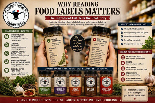 Guide to reading food labels featuring herbs, spices, seasoning ingredients, ingredient transparency, and tips for understanding food labels and comparing products.