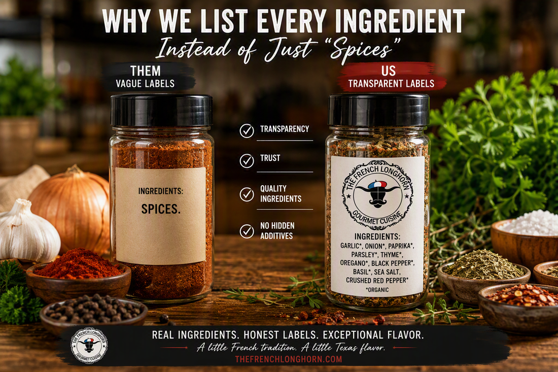Comparison of a generic seasoning label using the term spices and a transparent seasoning label listing individual herbs and spices.
