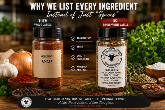 Comparison of a generic seasoning label using the term spices and a transparent seasoning label listing individual herbs and spices.